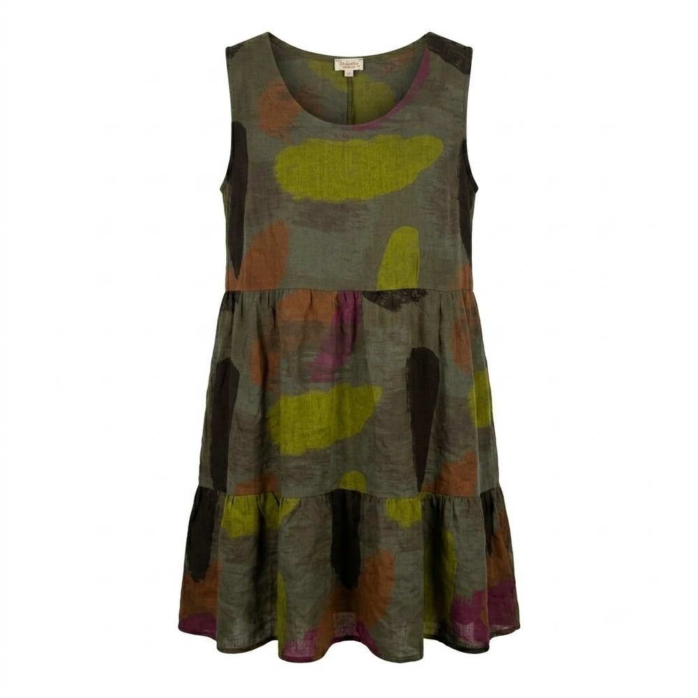 Bellambra Italy 100% Linen Tiered Sleeveless Dress Green Abstract 3X - IW